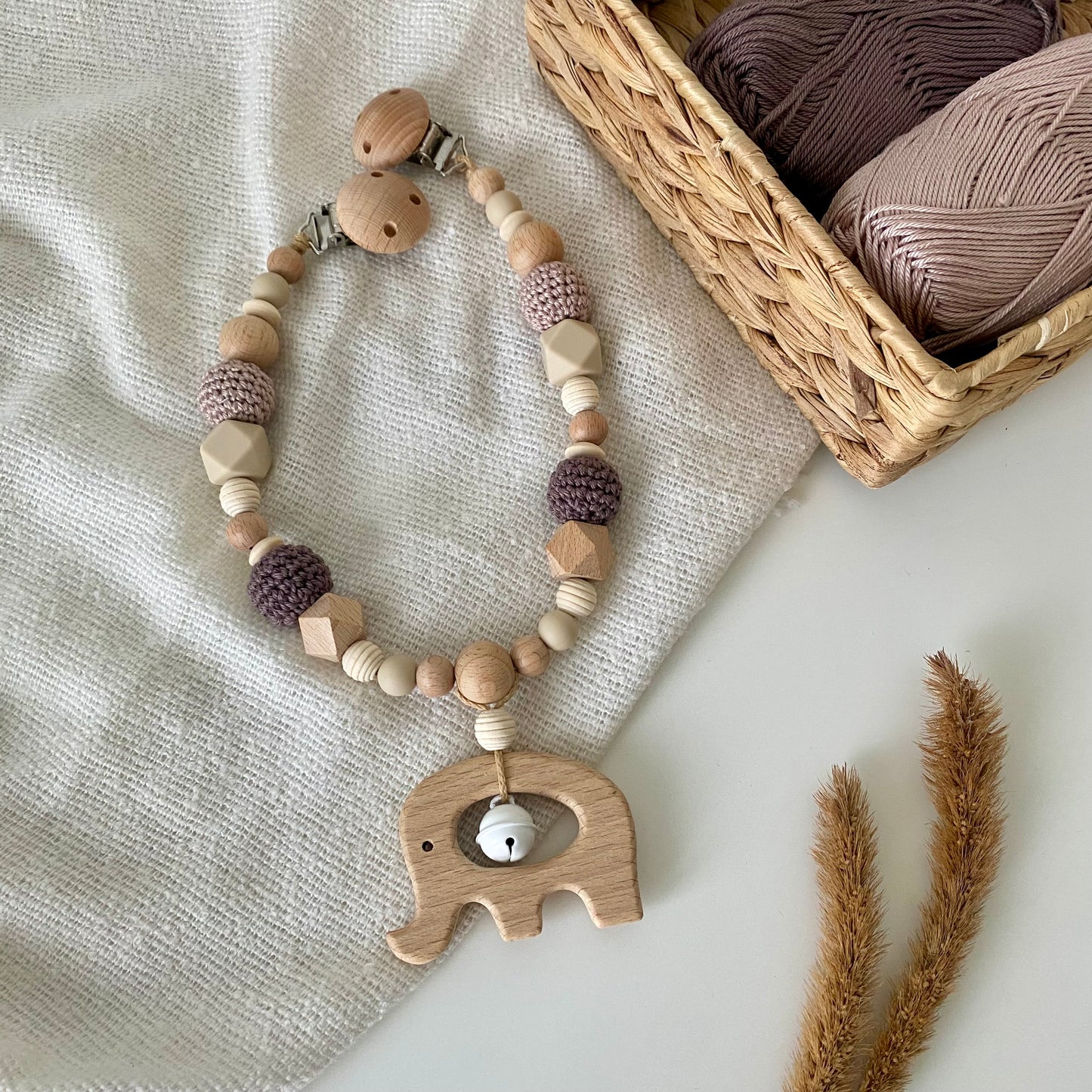 Kinderwagenkette Holzelefant braun/beige