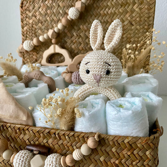 Windelkorb gross Hase weiss /Holzwolke