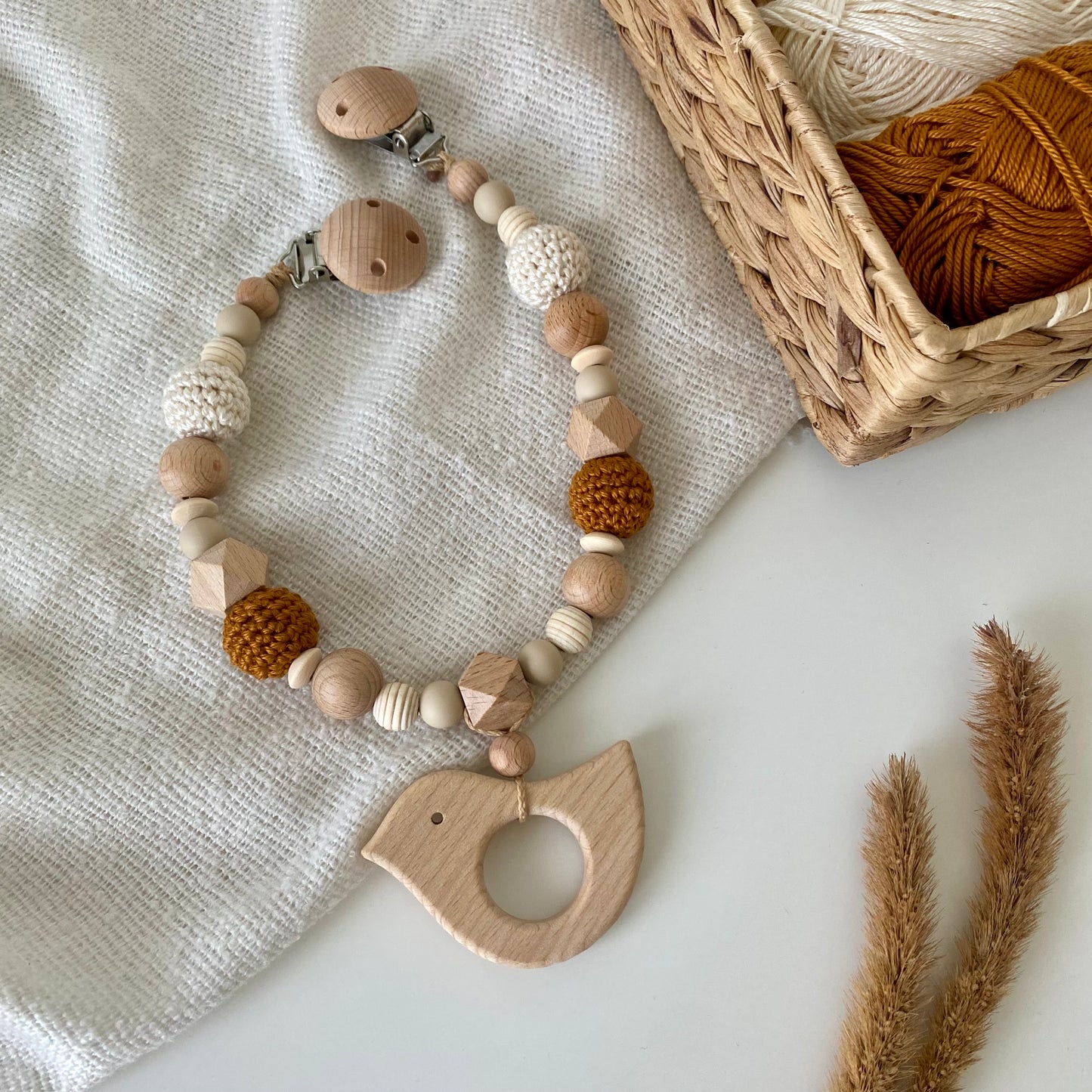 Kinderwagenkette Holzvogel weiss/curry