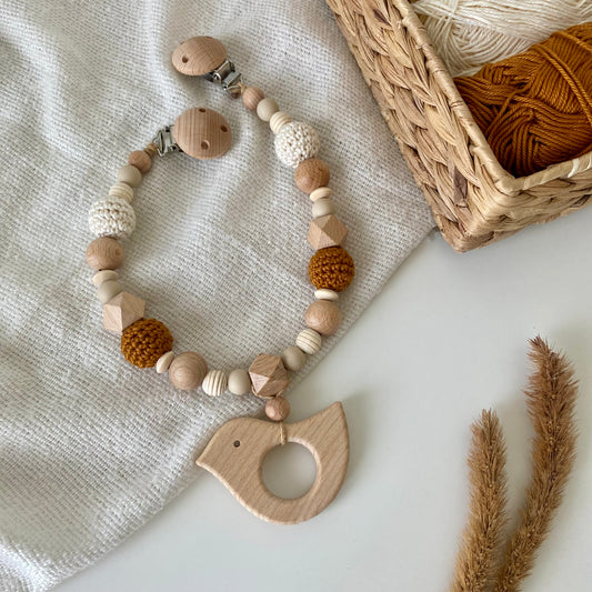 Kinderwagenkette Holzvogel weiss/curry